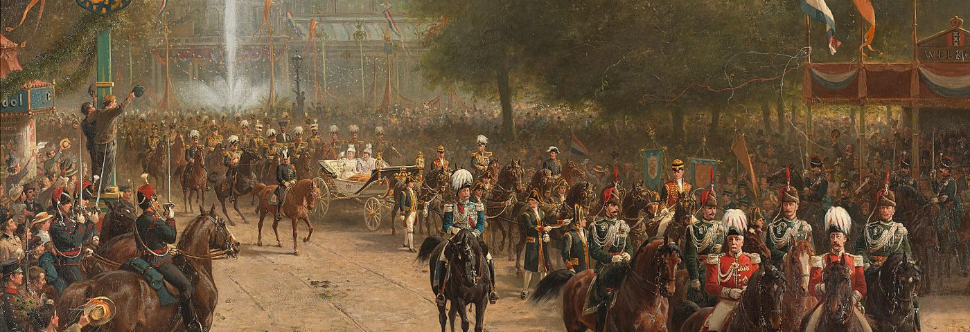 Het Frederiksplein te Amsterdam tijdens de intocht van koningin Wilhelmina, 5 september 1898 (uitsnede). - Schilderij van Otto Eerelman, collectie Rijksmuseum