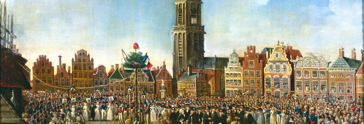 Het oprichten van de vrijheidsboom op de Grote Markt op 14 februari 1795, naar aanleiding van de Franse Revolutie. - Schilderij: Johann Ludwig Hauck (1795), Collectie Groninger Museum