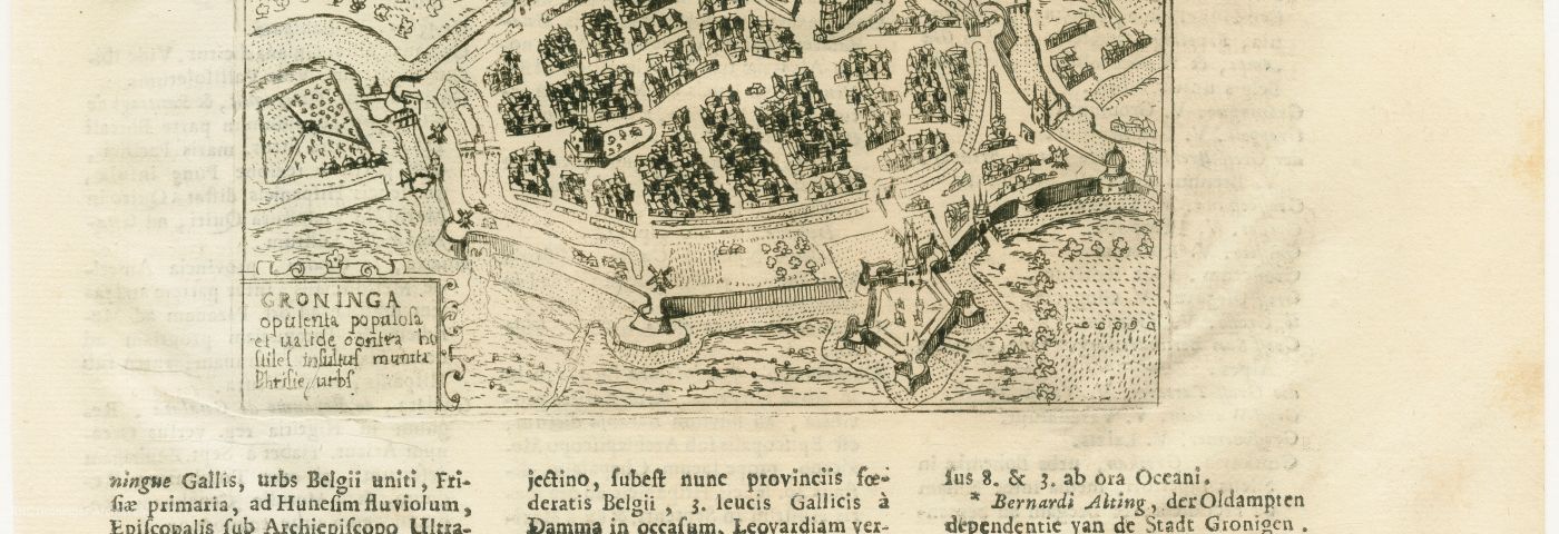 <table cellspacing="0" style="width:666pt">
	<tbody>
		<tr>
			<td style="height:15.0pt; vertical-align:bottom; white-space:nowrap; width:666pt">Plattegrond van de stad Groningen, 1568. Gepubliceerd in E.J. Diest Lorgion. Collectie: Groninger Archieven