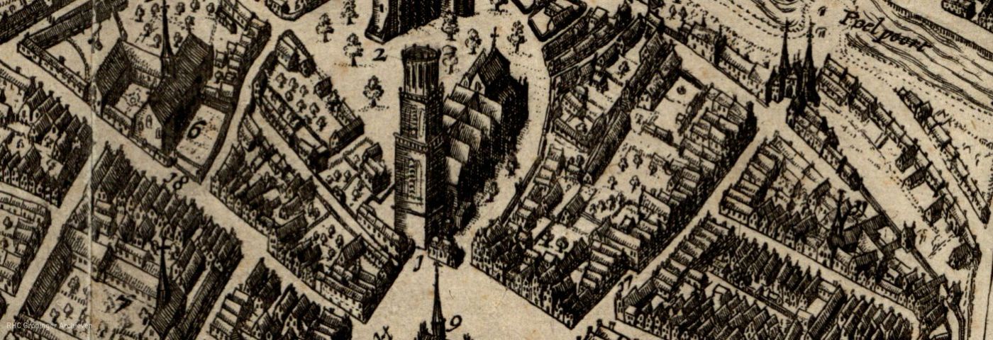 <p>Detail van de kaart van Geelkerken uit 1616: de spits van de Martinitoren ontbreekt. - Beeld: collectie Groninger Archieven</p>
