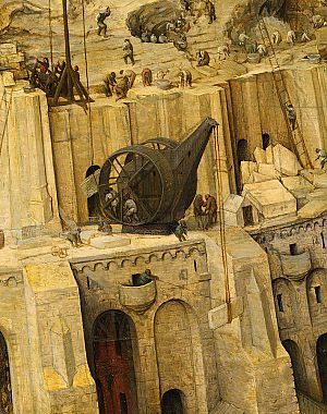 Een tredmolen, door mensen aangedreven, op het schilderij 'De toren van Babel' van Pieter Bruegel, ca. 1563.