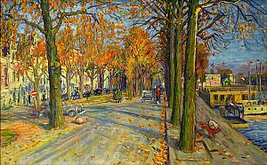 <p>Ubbo Emmiussingel, Groningen, door Johan Dijkstra, z.j.. Op deze plek verscheen tussen 1990 en 1994 het Groninger Museum. &ndash; Schilderij: Jan Menze van Diepencollectie</p>
