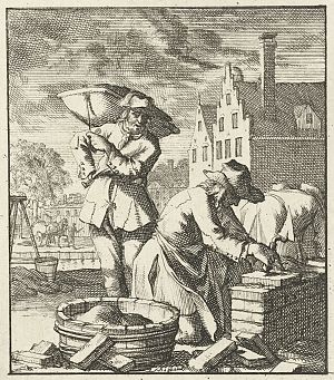 <p>Een metselaar bouwt een muur van kloostermoppen. Ets van Caspar Luyken, naar Jan Luyken, uit 1694. &ndash; Collectie Rijksmuseum</p>
