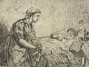 <p>Vrouw naast bed met ziek kind, Fridolin Becker, 1840 &ndash; 1895. &ndash; Collectie Rijksmuseum</p>
