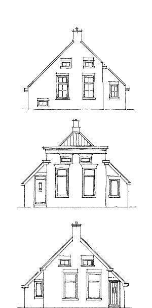 <p>Verschillende varianten van krimpenhuizen, allemaal met de kenmerkende smallere voorkant. &ndash; Tekening: Libau</p>
