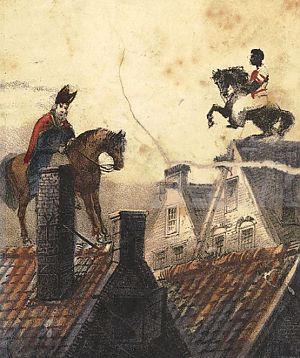 <p>Sinterklaas en Zwarte Piet op het dak, met Piet op zijn eigen paard. Prent uit het boek van Schenkman, 1850.&nbsp;</p>
