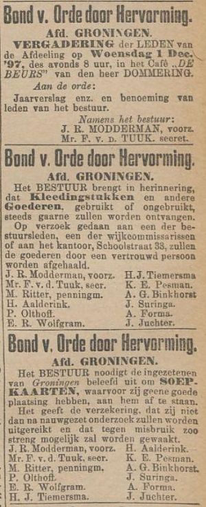 <p>Advertenties van de Bond voor Orde door Hervorming in het Nieuwsblad van het Noorden, 1897</p>