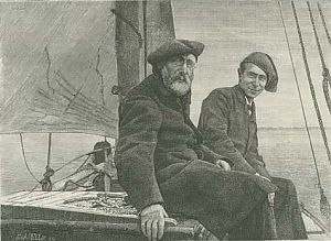 Jozef Israëls en zijn zoon Isaäc op een scheepje. - Gravure: Emile en Auguste  Tilly, ca 1882