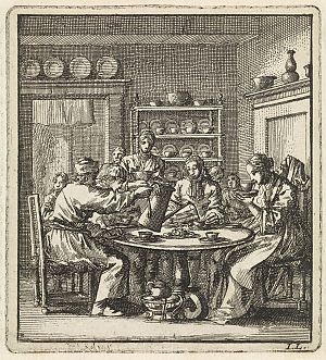 <p>Een gezelschap zit aan een tafel koffie te drinken. - Jan Luyken, 1711, collectie Rijksmuseum</p>
