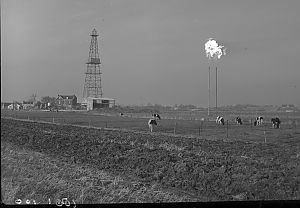 <p>​​​​​Een boortoren en affakkelingsinstallatie bij Noordbroek, 1963.&nbsp;- Fotobedrijf Piet Boonstra, Groninger Archieven</p>
