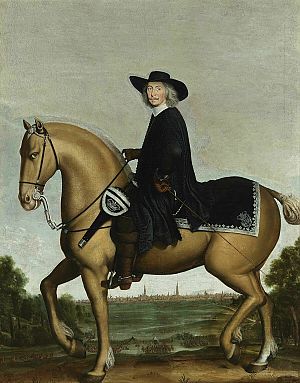 Portret van Bernhard von Galen, bisschop van Munster te paard met op de achtergrond de stad Groningen (1674) Wolfgang Heimbach. Olieverf op doek.