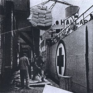 <p>Het laden van de Hallaren in de haven van Göteborg, februari 1945. - Foto: I Bild, Zweden</p>