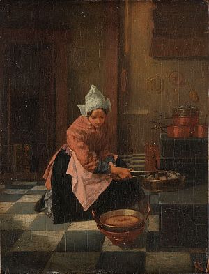 <p>Een vrouw bakt nieuwjaarskoeken of &#39;kniepertjes&#39; op een schilderij van Alexander Hugo Bakker Korff, ca. 1850 - ca. 1882. &ndash; Collectie Rijksmuseum</p>
