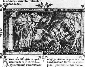 Prent van de Jodenvervolgingen in 'Antiquitates Flandriae' uit 1349.