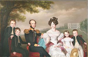 <p>Jean-Baptiste van der Hulst (1790-1862). Koning Willem II en zijn jonge gezin. Van links naar rechts: prins Willem, prins Alexander, koning Willem II, koningin Anna, prinses Sophie en prins Hendrik.</p>
