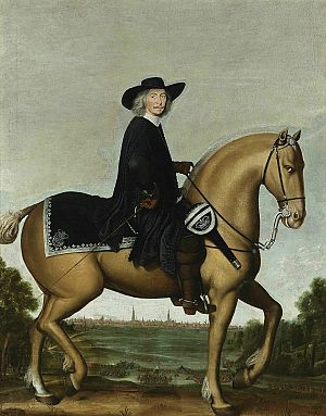 <p>Bisschop &lsquo;Bommen Berend&rsquo; te paard voor Groningen, olieverfschilderij Wolfgang Heimbach. - Foto John Stoel, collectie Groninger Museum</p>
