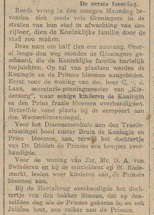 <p>Overal bloemen voor de koningin, getuige het verslag in het <em>Nieuwsblad van het Noorden</em>, 28-8-1922.</p>
