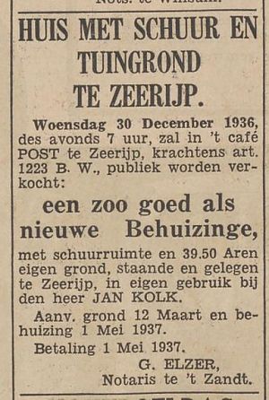 <p>De advertentie waarin de krimpenwoning van Jan Kolk wordt aangeboden. - <em>Nieuwsblad van het Noorden</em>, 15 december 1936.</p>
