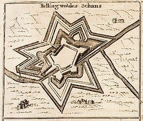<p>Vesting Oudeschans, hier Bellingwolder Schans genoemd, op een kaart uit 1675. - Beeld: Wikimedia Commons&nbsp;</p>
