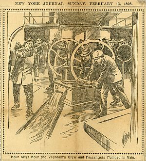 <p>Uren hoosden de bemanningsleden van de &#39;Veendam&#39;, tevergeefs. - Prent uit New York Journal, 13 februari 1898</p>
