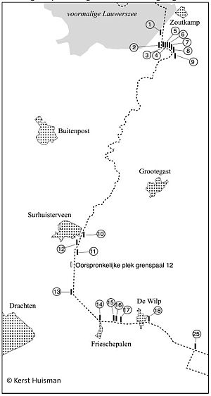 Grenspalen langs de Gronings-Friese grens. - Kaart: Kerst Huisman