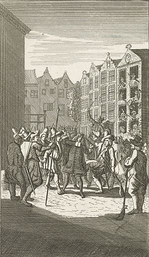 <p>Oproer en plunderingen in Groningen in 1748. Prent: anonieme maker, collectie Rijksmuseum</p>

