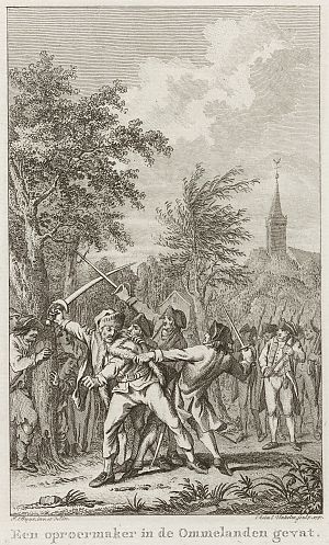 <p>Aanhouding van een oproerkraaier in de Ommelanden. &ndash; Prent van Reinier Vinkeles uit 1797, Collectie Rijksmuseum</p>
