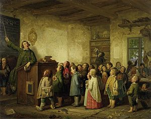 De dorpsschool, schilderij van Johann Peter Hasenclever uit ca. 1846. - Beeld via Wikimedia Commons