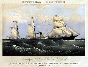 <p>Nederlandsch Amerikaansche Stoomvaart Mij. Stoomschip W.A. Scholten en P. Caland, affiche uit 1874.</p>
