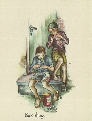 <p>Kinderen zoeken peuken voor &#39;buk-shag&#39;. - Collectie: Nationaal Bevrijdingsmuseum 1944-1945</p>
