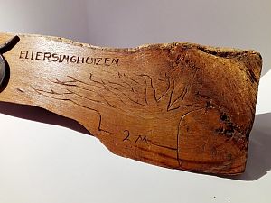 <p>Het gedenkhout bevat een tekening van de boom en &lsquo;2M&rsquo;. Volgens dit hout was de doorsnee van de boom dus 2 meter. &ndash; Foto Obby Veenstra, Museum Oude Wolden</p>
