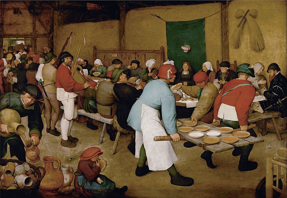 <p>Op &#39;Boerenbruiloft&#39;, het bekende schilderij van Pieter Brueghel de Oudere, zijn gewone middeleeuwse mensen in kleurige kledij te zien. &ndash; Collectie Kunsthistorisches Museum Wenen</p>
