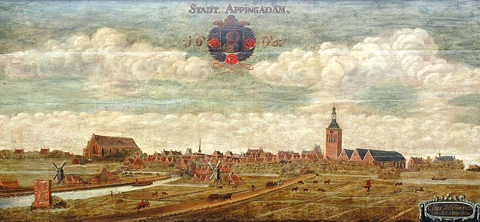 De stad Appingedam gezien vanuit het westen, 1665. - Schilderij: Claes Hendericx