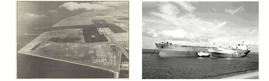 <p>&nbsp;Links: een nog lege Eemshaven in juni 1979. (Foto: Aerophoto Eelde). Rechts: in de Julianahaven ligt de opgelegde tanker &lsquo;Aiko Maru&rsquo; (Foto: Auke Visser)</p>
