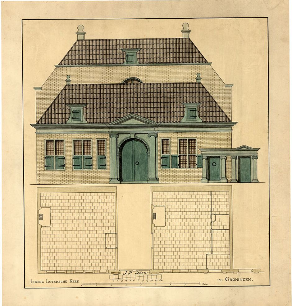 <p>Tekening van de Lutherse kerk in Groningen, ca. 1915. - C.H. Peters,&nbsp;naar J.F. Toben, Groninger Archieven</p>
