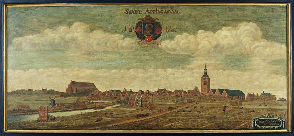 <p>Gezicht op Appingedam, in 1665 geschilderd door&nbsp;Claes&nbsp;Hendericx. Helemaal links is de kloosterkerk zichtbaar, rechts de Nicolaikerk. Collectie Gemeente&nbsp;Appingedam.&nbsp;</p>
