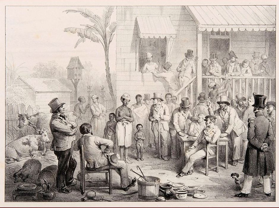 <p>Een slavin wordt te koop aangeboden.&nbsp;Litho naar P.J. Benoit, ca. 1890. - Collectie Wereldculturen (TM-3728-381)</p>
