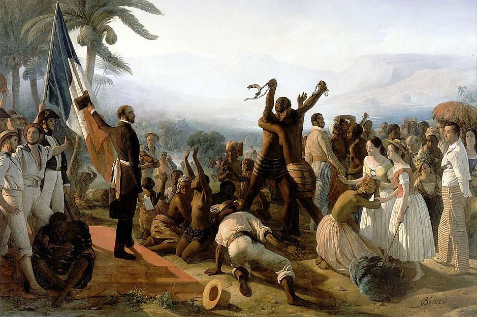 <p>Afschaffing van de slavernij in de Franse koloni&euml;n. - Schilderij van&nbsp;Auguste Fran&ccedil;ois Biard,1849, via Wikimedia Commons</p>
