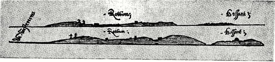 <p>Oudste aanzicht van Rottumeroog en het westelijk daarvan gelegen eiland Bosch. De bovenste afbeelding is vanaf de Noordzee gemaakt, de onderste vanuit het noordwesten en dichter bij de eilanden. - Tekening: naar Cornelis Anthonisz., 1541.</p>
