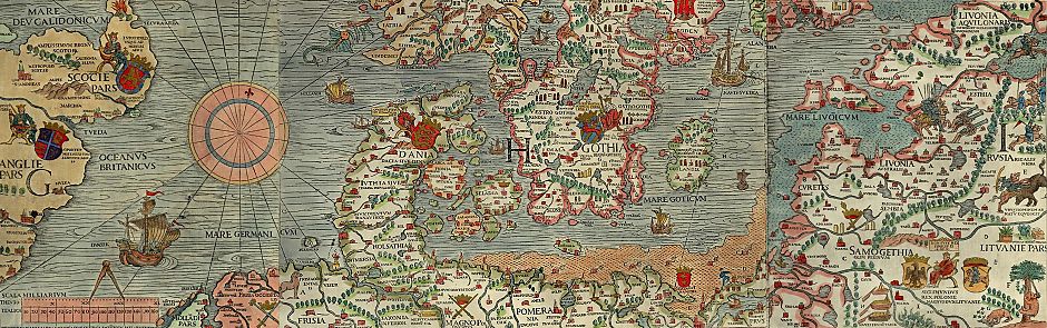 <p>De Carta Marina uit 1539 van de Zweed Olaus Magnus was de eerste overzichtskaart van het Hanzegebied. Ook &#39;Gronica&#39; is te vinden op de kaart. &ndash; Foto: Wikimedia Commons</p>
