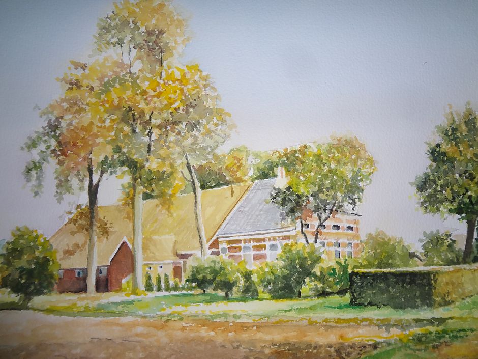 <p>De boerderij in Smeerling, Wilzing-stee, op een aquarel van Anneke Vlasblom uit 2001. &ndash; Collectie familie Wilzing</p>
