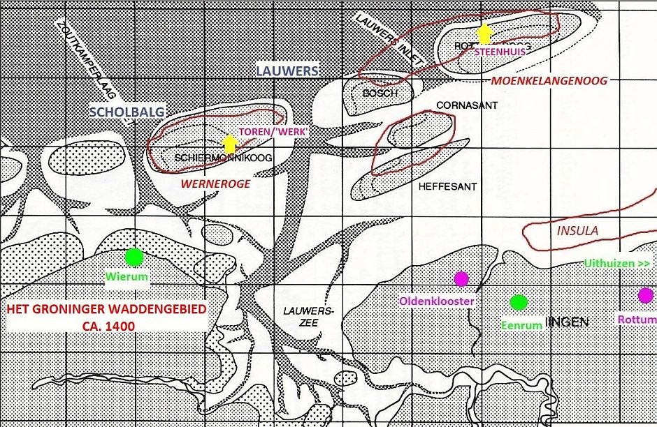 <p>Reconstructie van het Groninger Waddengebied ca. 1400 met aanduiding van de ligging van vier eilanden: Werneroge, Moenkelangenoog, Cornasant/Heffezant en Insula. - Kaart:&nbsp;H. Feenstra, 2016 / A.P. Oost, 1995</p>
