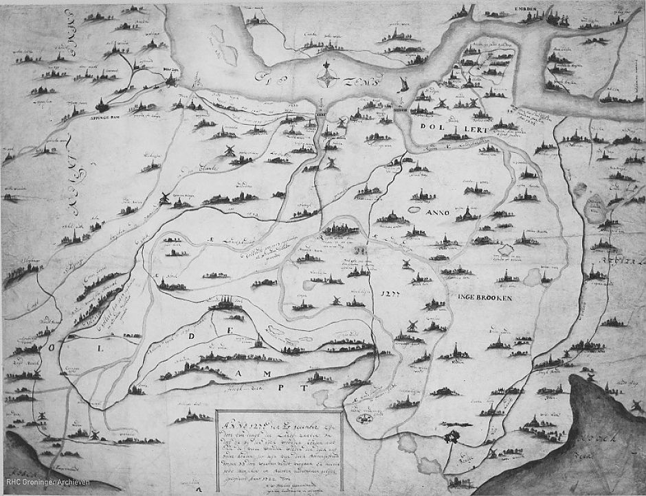 Kaart van het Dollardgebied met de verdronken dorpen bij de vloed van 1277. - H.W. Folckers (1722) www.beeldbankgroningen.nl (1785-14766)