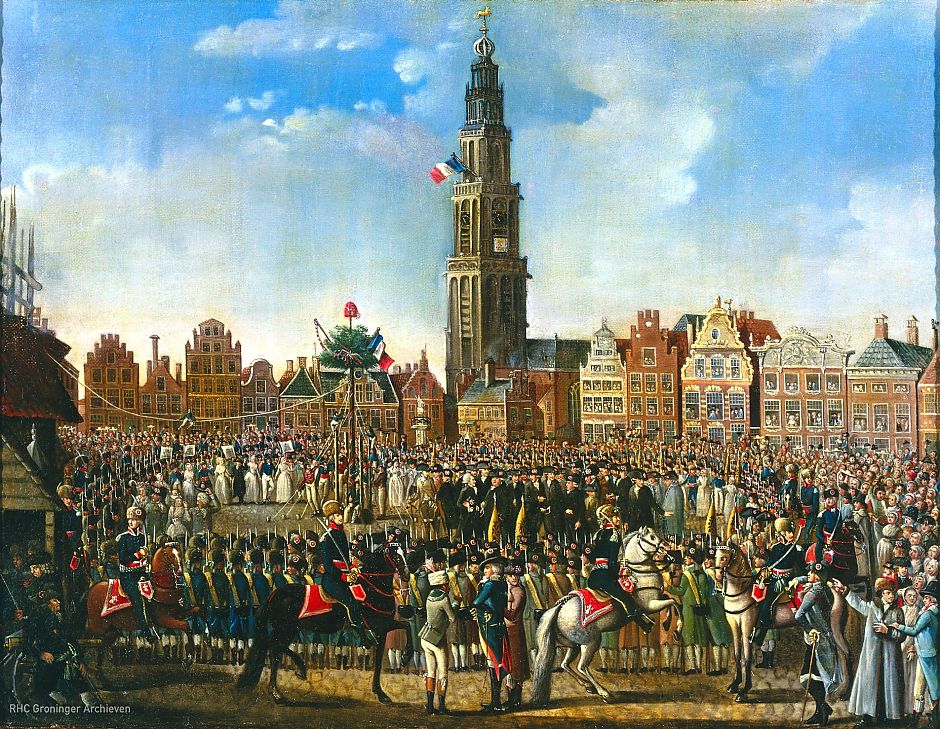 <p>Dans om de vrijheidsboom, Het oprichten van de vrijheidsboom op de Grote Markt - Schilderij: Johann Ludwig Hauck (1795), Collectie Groninger Museum</p>
