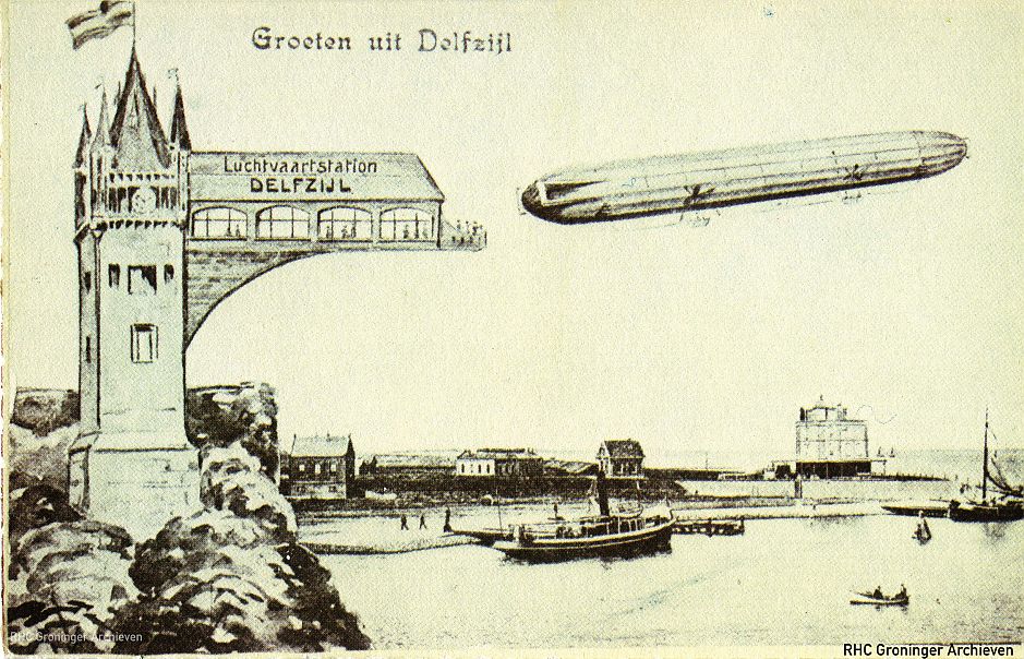 Het luchtvaartstation in Delfzijl met zeppelin - www.beeldbankgroningen.nl [1986-24540]