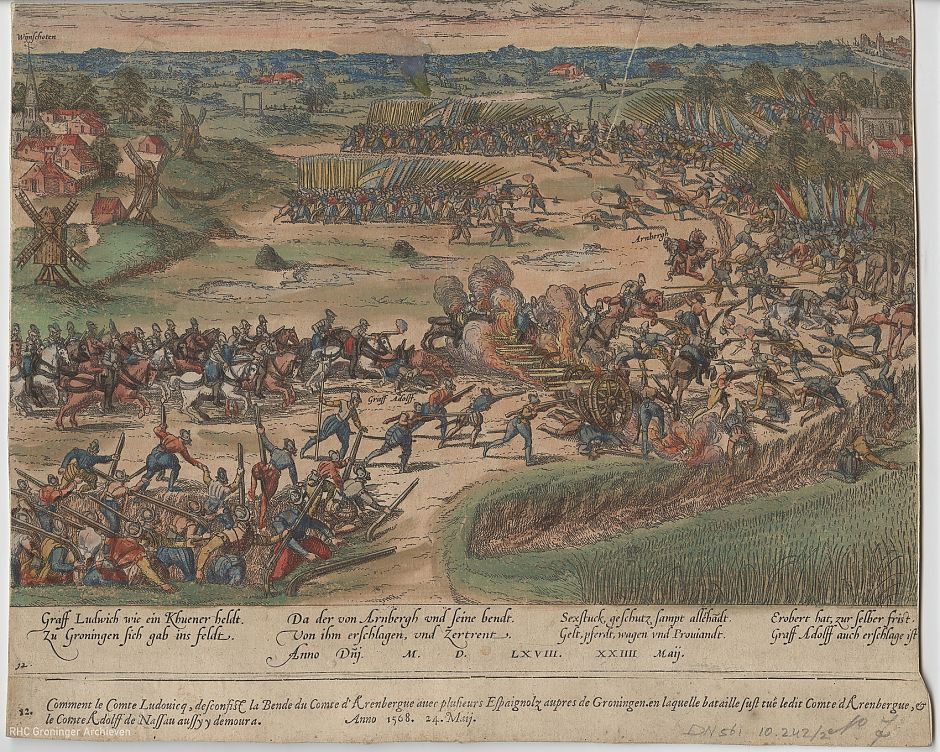 <p>De slag bij Heiligerlee in 1568, waar &#39;Graaf Adolf is gebleven&#39;. - Litho door F. Hogenberg, ca. 1568-1600, www.beeldbankgroningen.nl (817_10242.2)</p>
