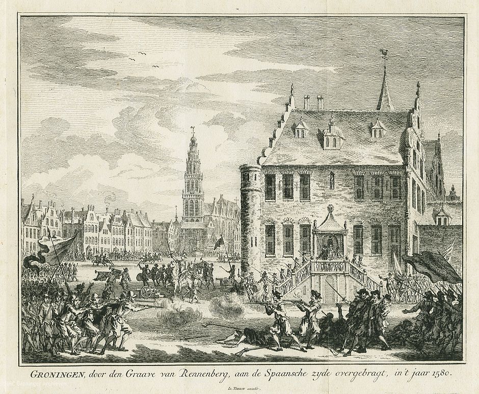 <p>Groningen, door den graave van Rennenberg, aan de Spaansche zijde overgebragt, in &#39;t jaar 1580. - Prent: S. Fokke, 1752, collectie Groninger Archieven</p>
