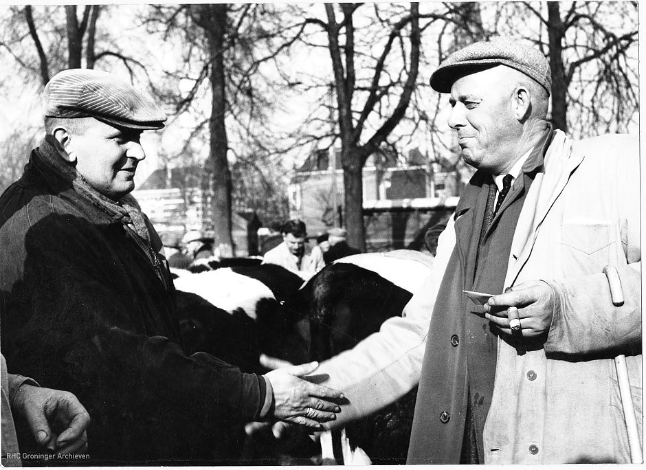 <p>Twee veehandelaren verhandelen een koe: met handjeklap en bolknak, ca 1968. - Foto: Corrie Swaak-van Barneveld, <a href="http://www.beeldbankgroningen.nl" target="_blank">www.beeldbankgroningen.nl</a> (1785-13436)</p>
