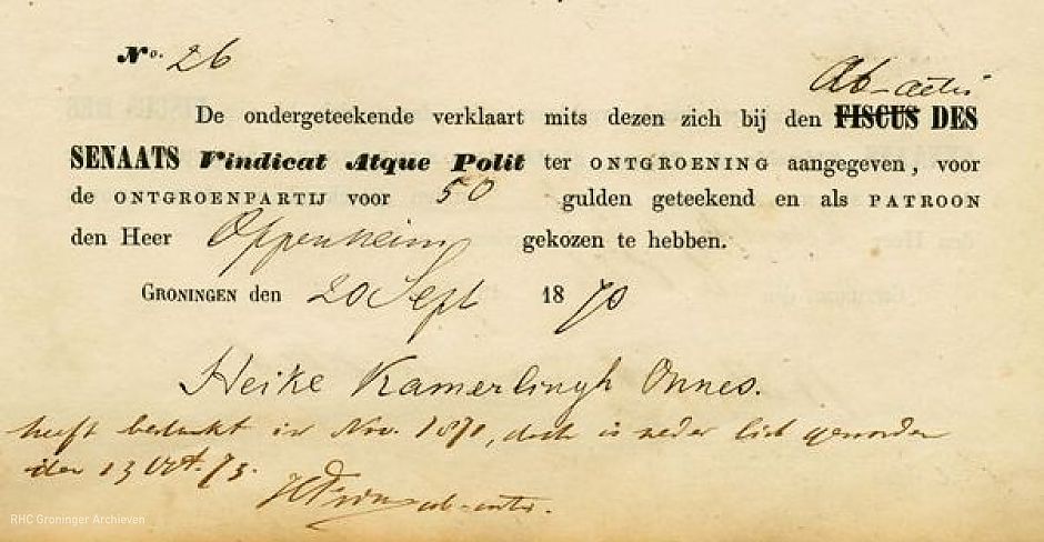 Aanmelding ter ontgroening door Heike Kamerlingh Onnes bij Vindicat  atque Polit, 1870, RHC Groninger Archieven (467-55)