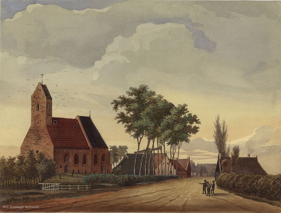 <p>Gezicht op Lutjegast, aquarel door B. Bueninck in 1908, naar een oudere tekening van omstreeks 1860. &ndash; Collectie Groninger Archieven</p>
